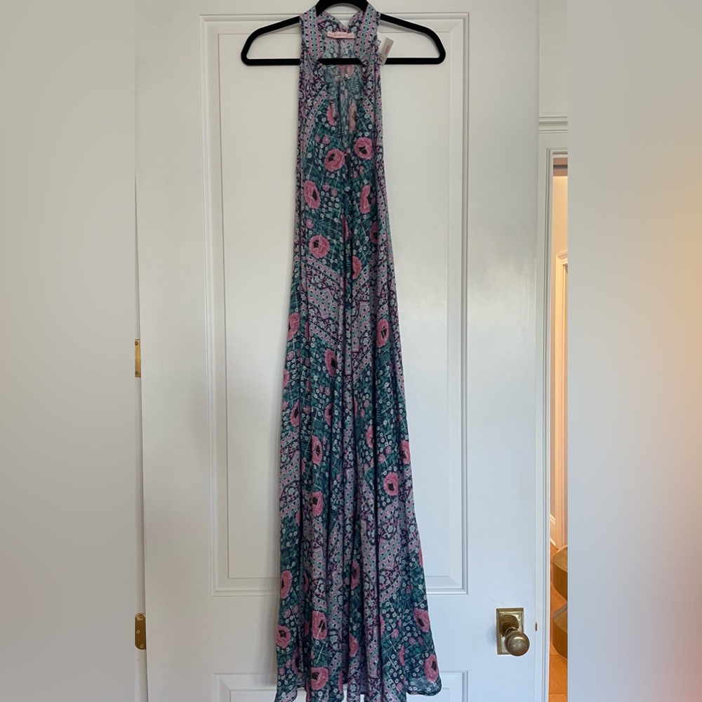 V-neck button-down dress in pink and navy print. One size
